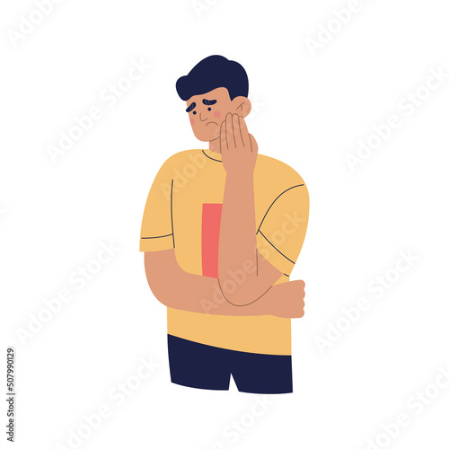 Young man suffering from toothache. Guy with painful expression, holding his cheek with hand. Hand drawn color vector illustration isolated on white background. Modern flat cartoon style.