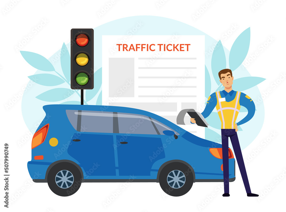 Naklejka premium Man Road Police Officer Writing Out Fine for Violating Traffic Rules Vector Illustration