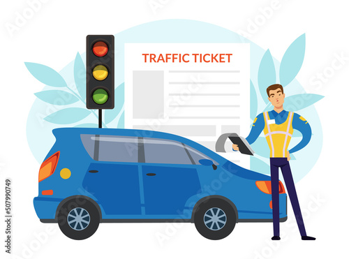 Man Road Police Officer Writing Out Fine for Violating Traffic Rules Vector Illustration