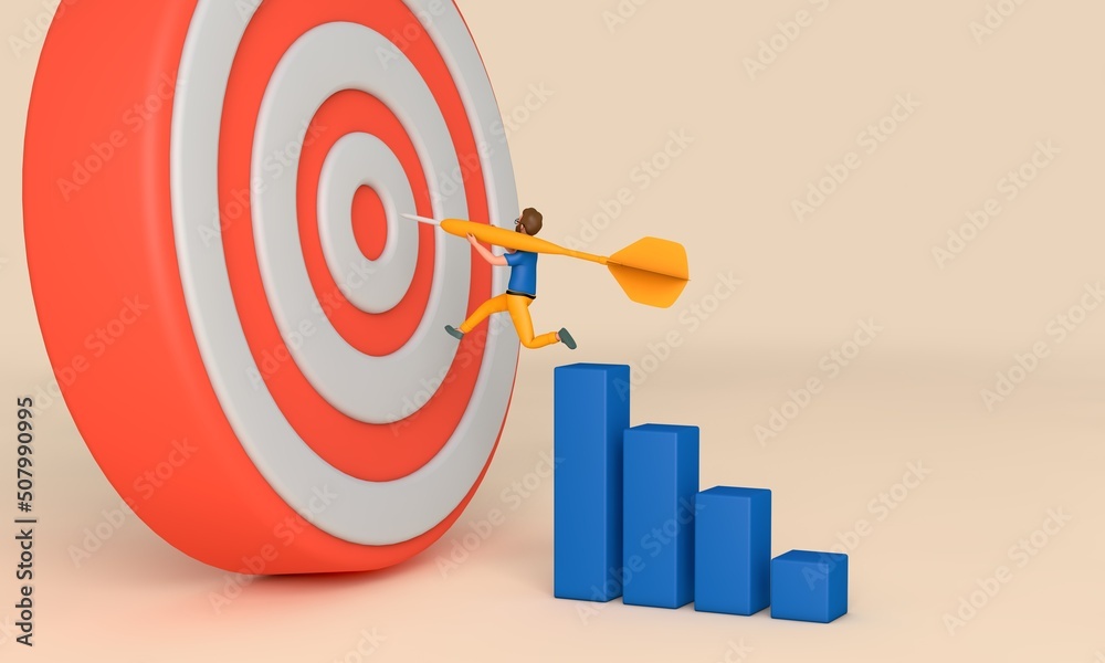 Male character throwing dart into a target. Business goals concept. 3D