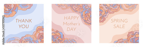 Social media square templates, posts feed layouts. Abstract roses flowers wavy pattern for Mothers day, happy Valentines day card, spring summer sales flyers vector illustration