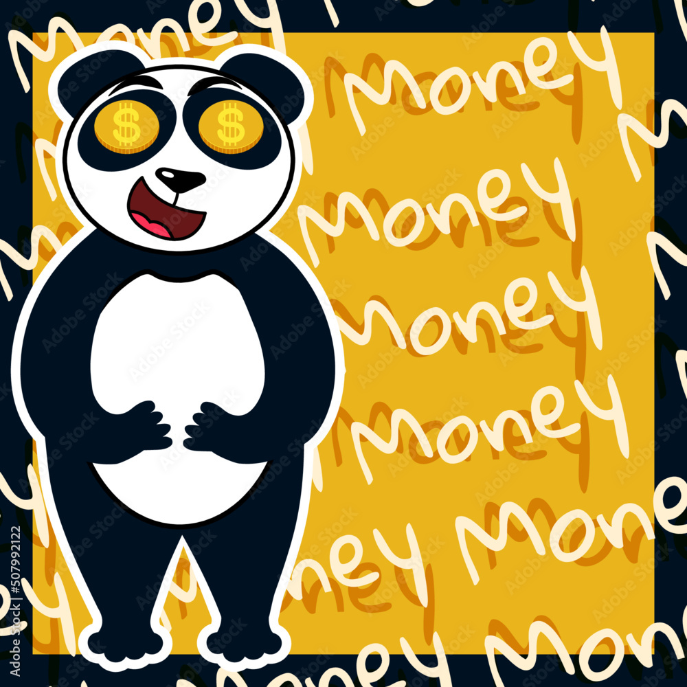 Panda thinks greedily about money. Vector stock illustration. Animal. Yellow background.