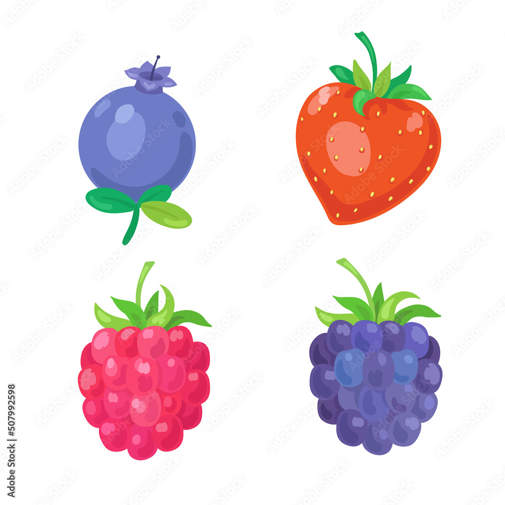 Set of four berries strawberry, raspberry, blueberry and blackberry. In cartoon style. Isolated on white background. Vector flat illustration Set of four berries strawberry, raspberry, blueberry and blackberry. In cartoon style. Isolated on white background. Vector flat illustration