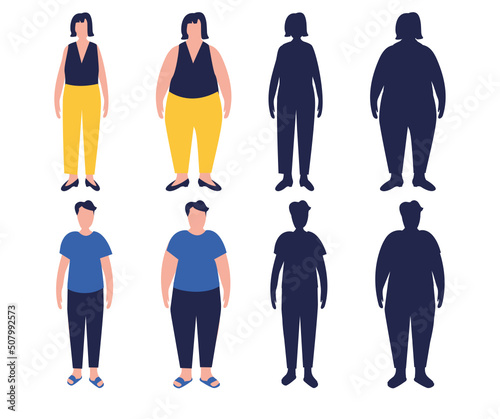 Flat cartoon illustration of overweight woman and man and slim fit male and female characters of large sizes. Body mass index concept. Adults with overweight problems. Separate on a white background.