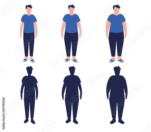 Flat cartoon illustration of overweight man and slim fit male and female characters of large sizes. Body mass index concept. Adults with overweight problems. Separate on a white background.