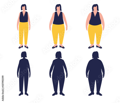 Flat cartoon illustration of overweight woman  and slim fit male and female characters of large sizes. Body mass index concept. Adults with overweight problems. Separate on a white background.