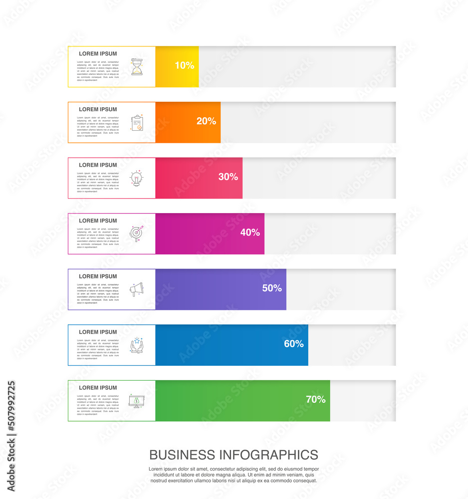 Vector infographic with seven horizontal columns. Modern business concept graphic process template with 7 steps. Graphic timeline for app, website, interface, levels, diagram, banner, presentations Vector infographic with seven horizontal columns. Modern business concept graphic process template with 7 steps. Graphic timeline for app, website, interface, levels, diagram, banner, presentations