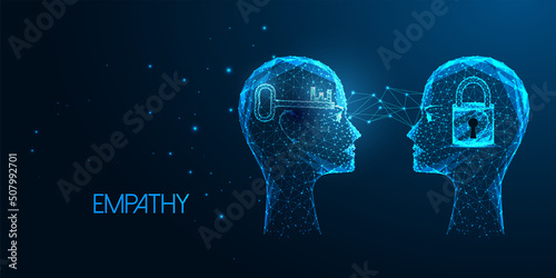 Abstract empathy, psychotherapy concept with glowing low polygonal human heads with lock and key 