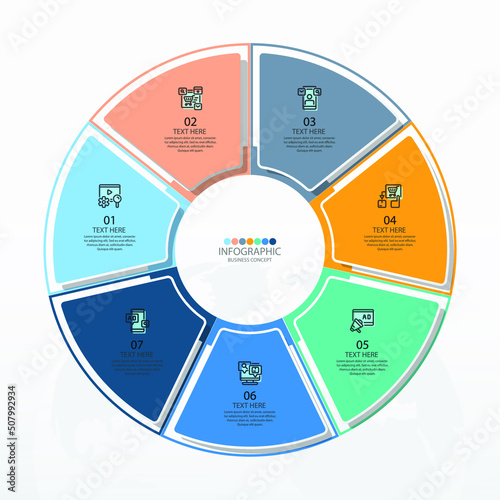 Basic circle infographic template with 7 steps, process or options, process chart, Used for process diagram, presentations, workflow layout, flow chart, infograph. Vector eps10 illustration.