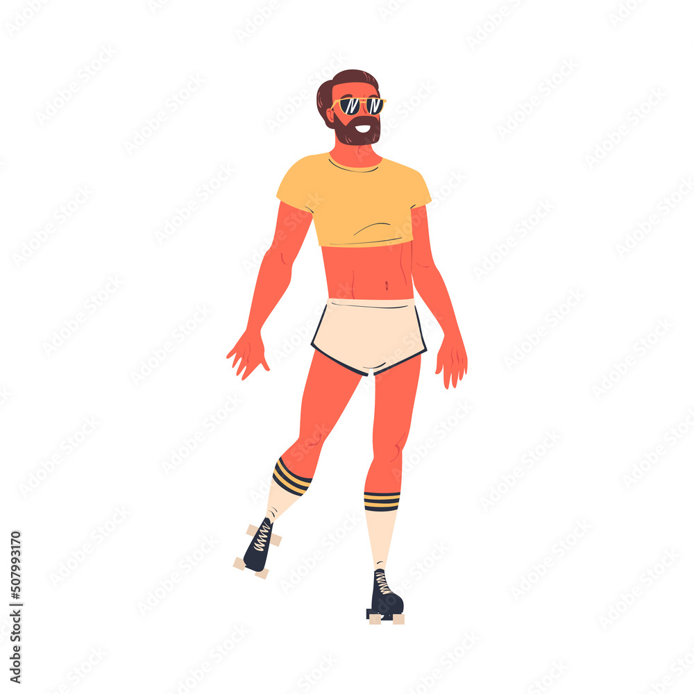 Retro Dressed Bearded Man Roller Skater in Shorts Roller Skating and Smiling Vector Illustration Retro Dressed Bearded Man Roller Skater in Shorts Roller Skating and Smiling Vector Illustration