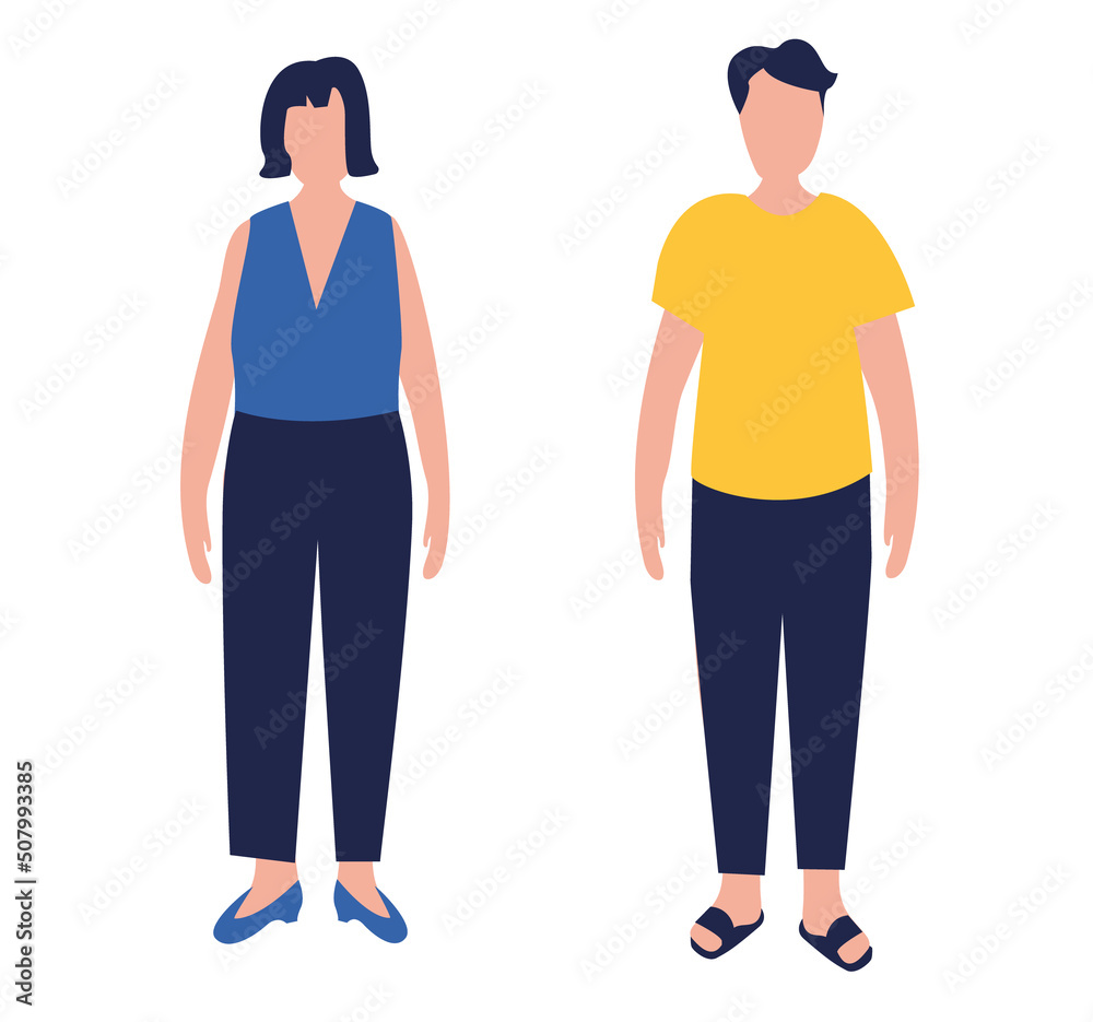 Flat cartoon of slim, athletic woman and man. Male and female characters. Adult couple. Separate on a white background. Flat cartoon of slim, athletic woman and man. Male and female characters. Adult couple. Separate on a white background.