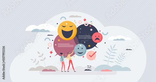 Sentiment analysis and written text emotion recognition tiny person concept. Identify customer opinion using automated AI machine technologies with voice and chat processing tools vector illustration. photo