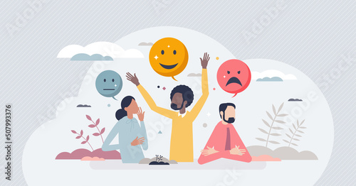 Sentiment analysis with various customer feedback emotions tint person concept. Different opinions from good and neutral to bad vector illustration. User review research using AI tech detection tools.