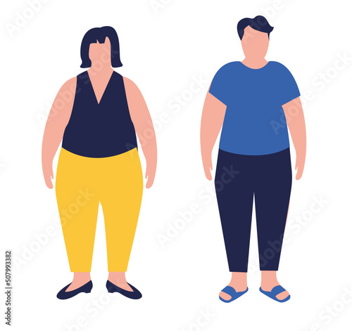 Flat cartoon illustration of overweight woman and man. Plus size person male and female characters. Body positive . I love my body. Adults with overweight problems. Isolated on a white background.