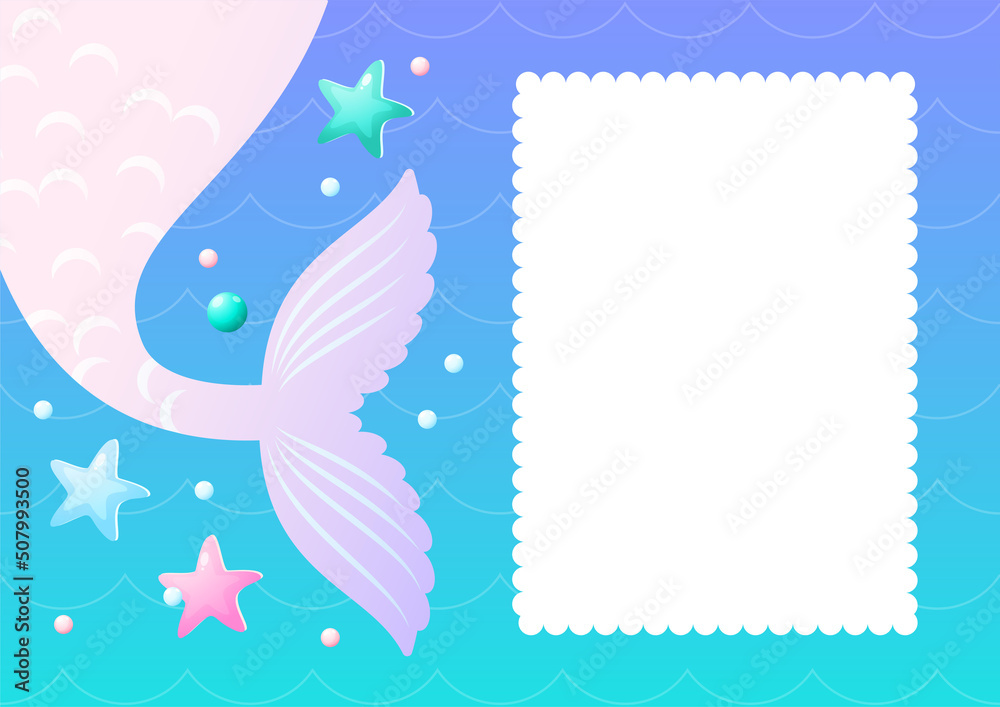 Under the sea background template. Cute illustration of mermaid tails and pearls. Vector 10 EPS.