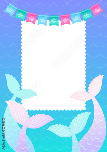 Under the sea background template. Cute illustration of mermaid tails. Vector 10 EPS.