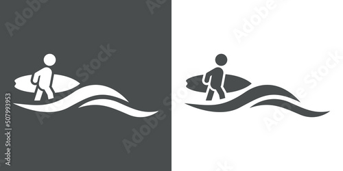 Beach holidays. Logo Surf. Oceáno con olas y silueta de surfista con tabla en fondo gris y fondo blanco
