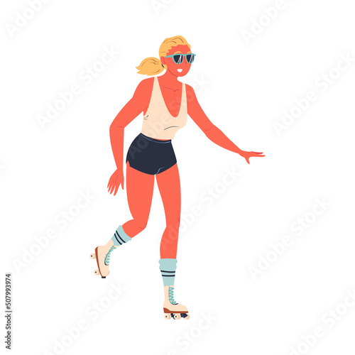 Retro Dressed Woman Roller Skater in Shorts and Sunglasses Roller Skating and Smiling Vector Illustration