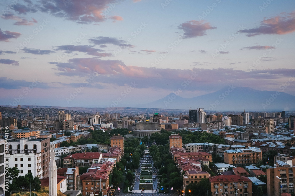 Yerevan city beautiful sunset landscape view with mountains