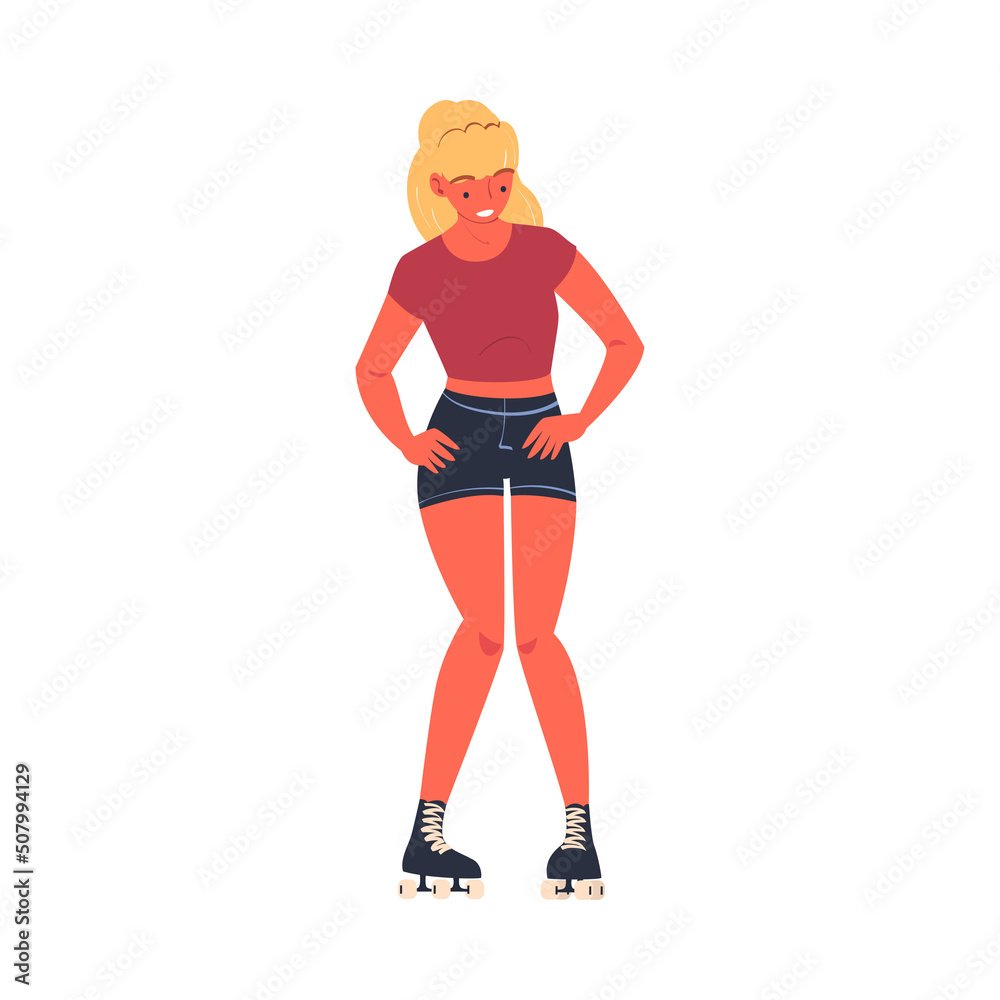 Retro Dressed Woman Roller Skater in Shorts Roller Skating and Smiling Vector Illustration Retro Dressed Woman Roller Skater in Shorts Roller Skating and Smiling Vector Illustration