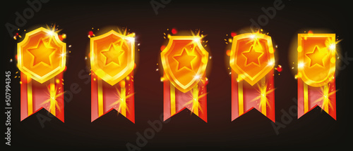 Golden game badge vector set, level up achievement, award UI medal shield kit, shiny rank reward. Rating bonus star, interface tournament design element, winner champion coin. Game badge leader assets