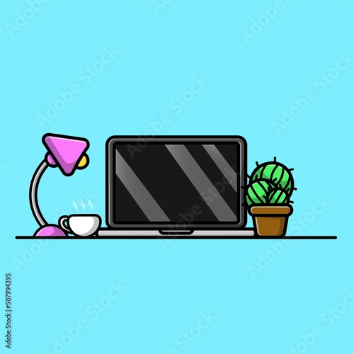 Laptop With Plant And Lamp Cartoon Vector Icon Illustration. Technology Object Icon Concept Isolated Premium Vector photo