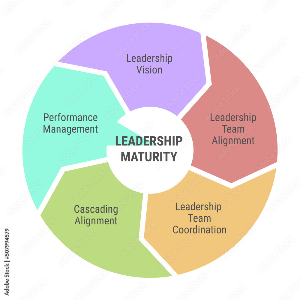 Leadership maturity circle diagram. Infographic with 5 arrows. Vision, team alignment, coordination and performance management. Leadership maturity circle diagram. Infographic with 5 arrows. Vision, team alignment, coordination and performance management.