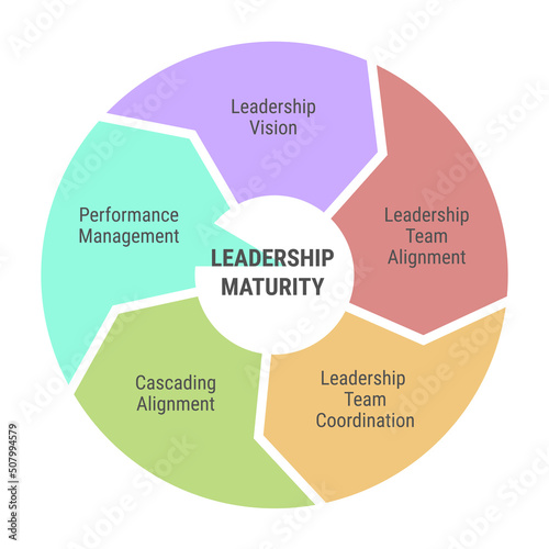 Leadership maturity circle diagram. Infographic with 5 arrows. Vision, team alignment, coordination and performance management.