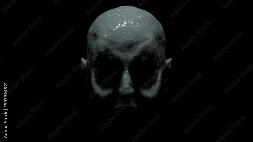 Creepy pale creature without eyes raise its head on black background 3d 4k animation. Halloween monster with spooky skin in the darkness. Face close-up Creepy pale creature without eyes raise its head on black background 3d 4k animation. Halloween monster with spooky skin in the darkness. Face close-up