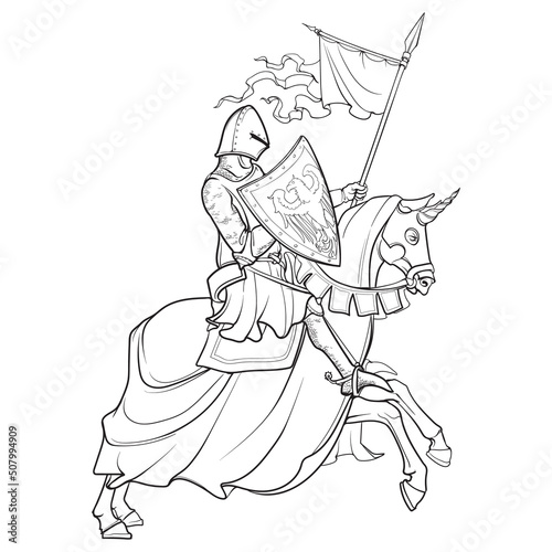 Early Medieval mounted knight. A warrior in a chain-mail armor riding on a horse back. Medieval gothic style concept art. Black line drawing isolated on white background. EPS10 vector illustration
