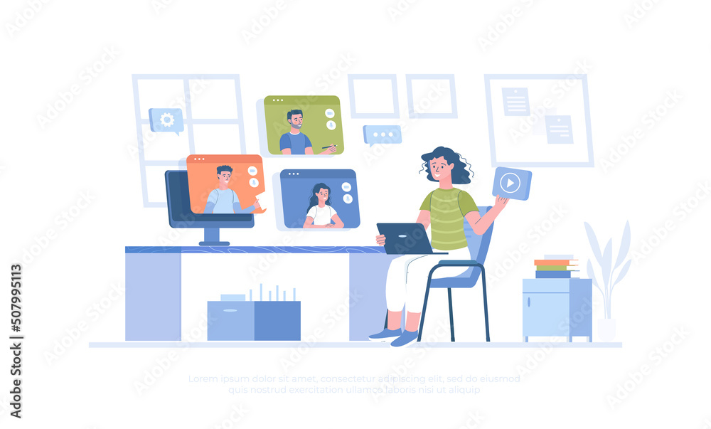Webinar, online meeting, virtual conference on video call. People communicate online. Cartoon modern flat vector illustration for banner, website design, landing page.	