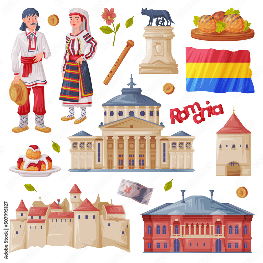 Romania Traditional Symbol and Object with Romanian Athenaeum and National Clothing Vector Set
