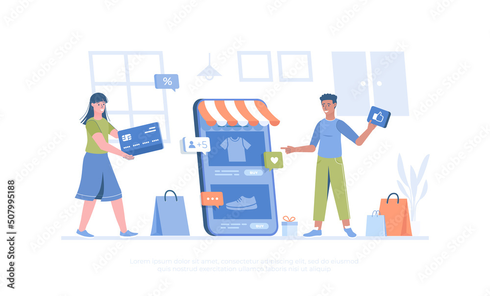 Mobile commerce. Shopper chooses products in online store and makes purchases and activities in application. Cartoon modern flat vector illustration for banner, website design, landing page.	