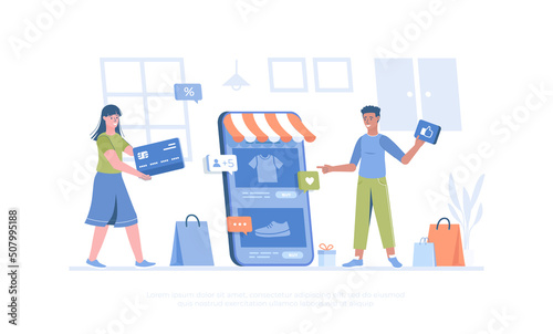 Mobile commerce. Shopper chooses products in online store and makes purchases and activities in application. Cartoon modern flat vector illustration for banner, website design, landing page. 