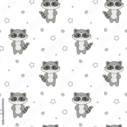 Raccoon vector seamless pattern, cute serious raccoon background