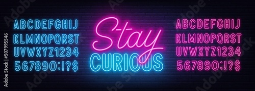 Stay Curious neon lettering on brick wall background.