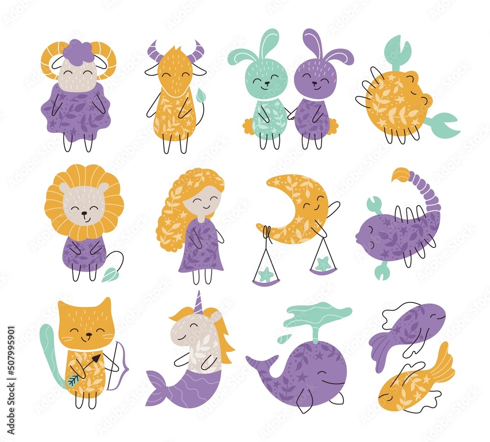 Obraz premium Cute vector set of zodiac sign. Adorable characters in flat kawaii style. Aquarius, pisces, aries, leo, gemini, taurus, scorpio, sagittarius, libra, virgo, capricorn, cancer. Horoscope for kids