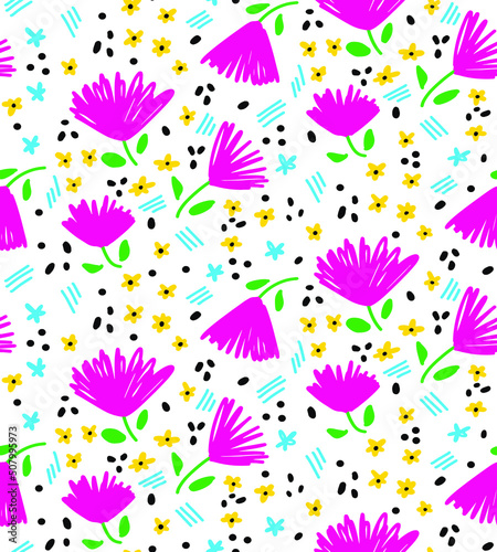 Abstract Hand Drawing Ditsy Flowers Leaves Dost and Brush Strokes Seamless Vector Pattern Isolated Background
