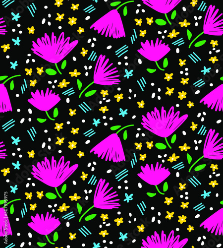 Abstract Hand Drawing Ditsy Flowers Leaves Dost and Brush Strokes Seamless Vector Pattern Isolated Background