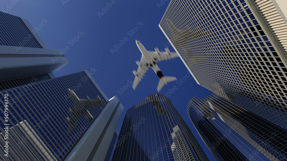 a flying plane in the sky among the business center of high-rise buildings with mirrored windows