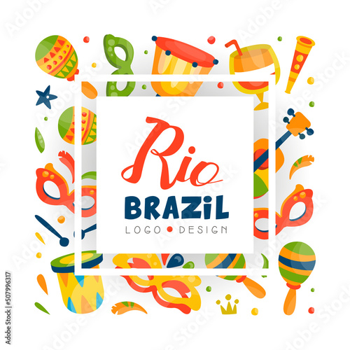 Brazilian Rio Carnival Design with Drum and Masquerade Mask Vector Template