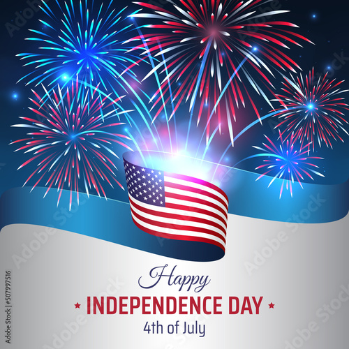 4th of july happy independence day usa, template. American flag on night sky background, colorful fireworks. Fourth of july, US national holiday, independence day. Vector illustration, poster, banner