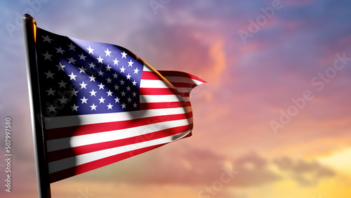 American flag waving. The blurred sky behind the US flag. Official symbols. The star-spangled banner of the USA. The flag cloth on the flagpole. United State of America patriotism. 3d image