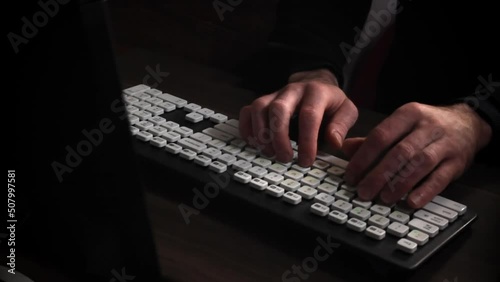 Person at computer, work on pc. Search in cyberspace typing quiry photo