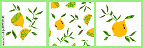 Lemon set. lemon and leaves. Abstract modern icon set of lemon, slice, isolated on white background. For web, print, product design. line, contour. Vector flat hand drawn illustration, pattern