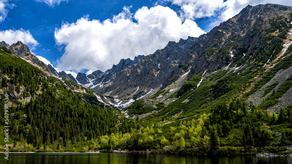 Beautiful mountain lake landscape. Popradske Pleso, Tatra National Park, Slovakia.