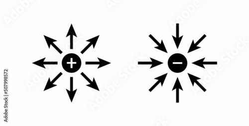 Visualization of electric field lines due to negative and positive charges. Vector illustration isolated on white background.