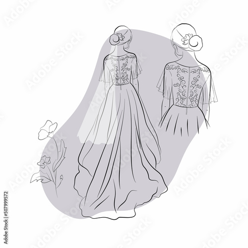 Vector illustration of a bride in a wedding dress and a veil with floral ornament and abstracts