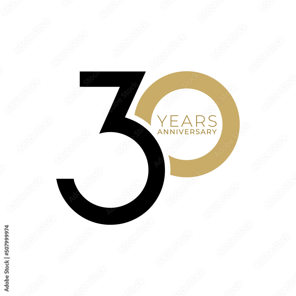 30 Year Anniversary Logo, Golden Color, Vector Template Design element for birthday, invitation, wedding, jubilee and greeting card illustration. - obrazy, fototapety, plakaty 