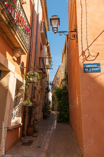 Fototapeta Naklejka Na Ścianę i Meble -  A small alley in Bouzigues on the pond of Thau, in Herault, Occitanie, France